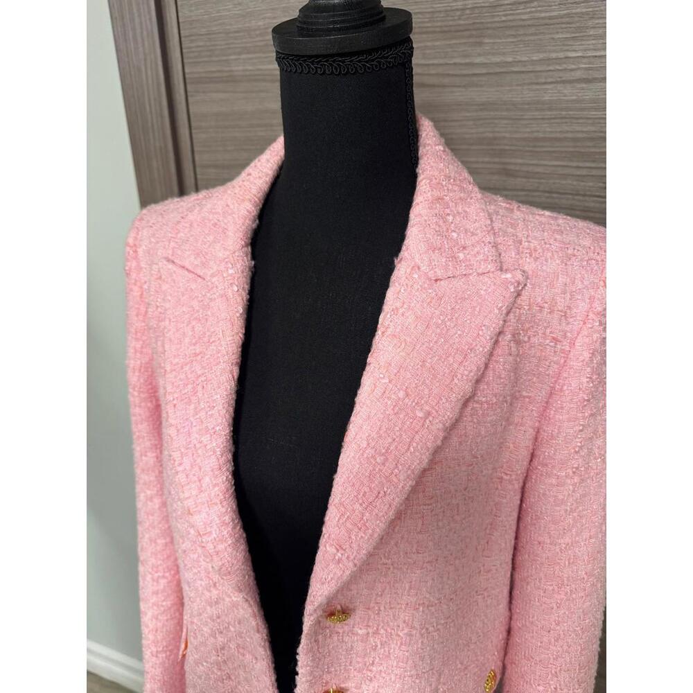 ZARA Pink Tweed Blazer Womens S Gold Button Tailored Jacket Textured Lined - Picture 2 of 9